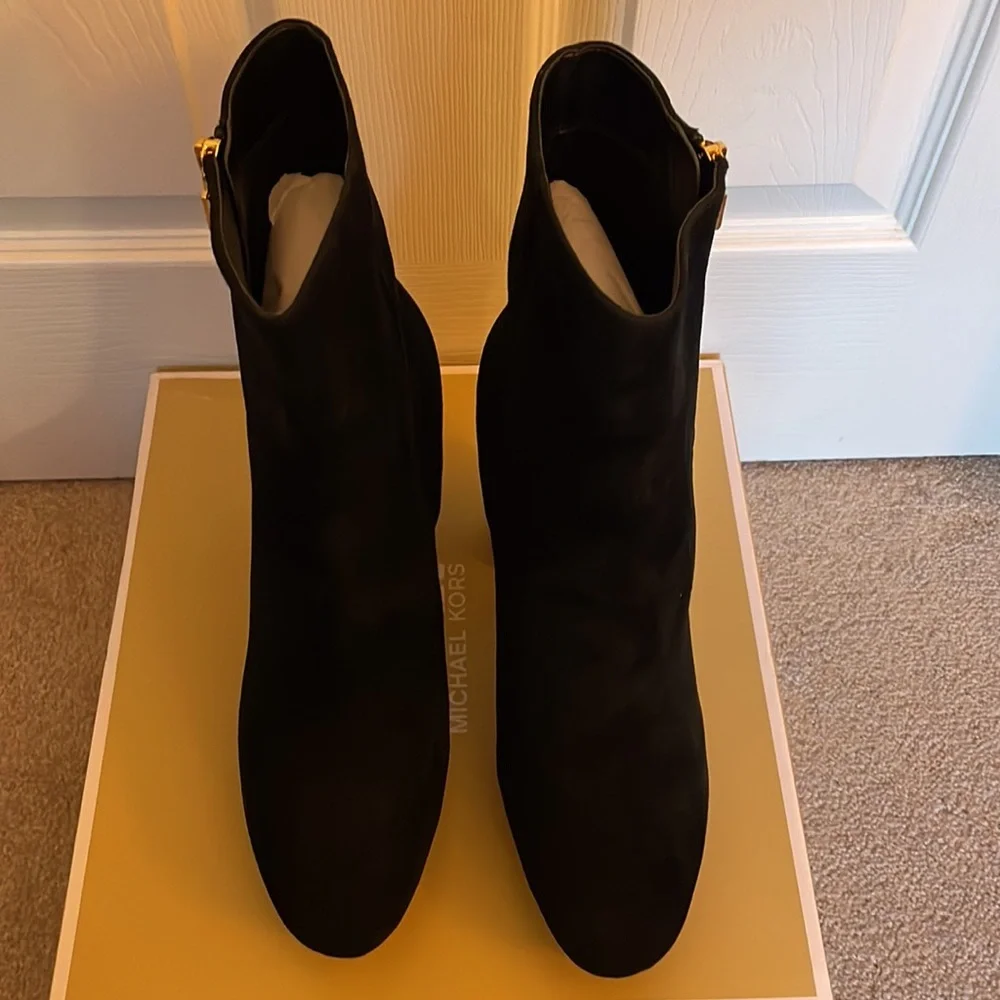 Michael Kors Black Suede Platform Ankle Boot with Gold Zip Accent